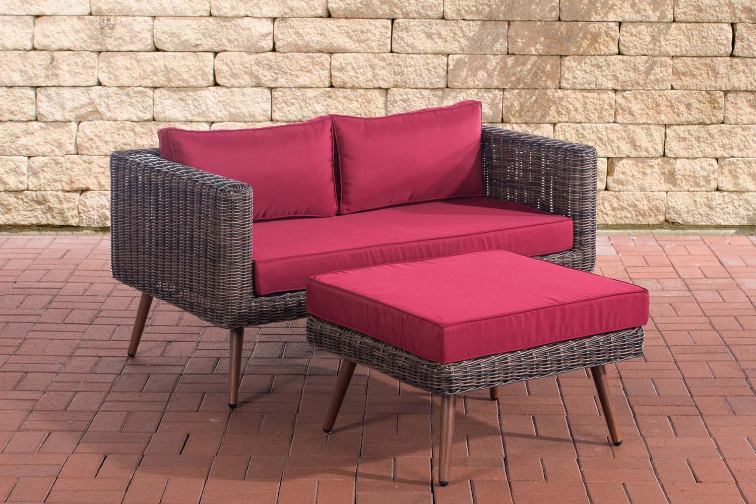 2er Sofa Molde mit Fußhocker Rundrattan braun-meliert 40 cm (Dunkelbraun)